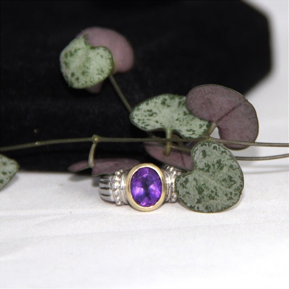 Sterling Silver 14k Gold Oval Amethyst Bezel Set Ribbed Band Ring Size 8